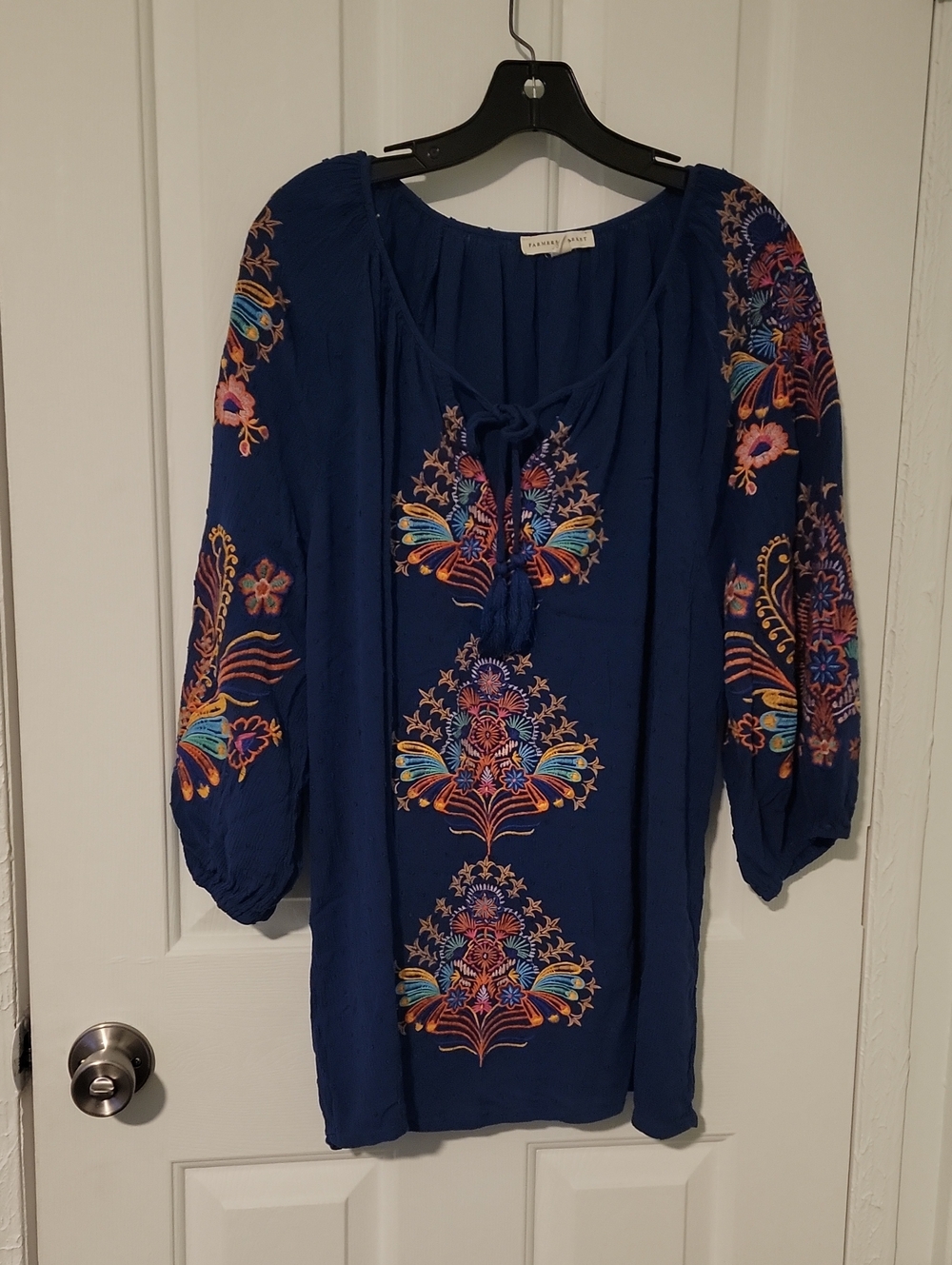 Embroidered Navy Boho Peasant Blouse with Tassel Tie